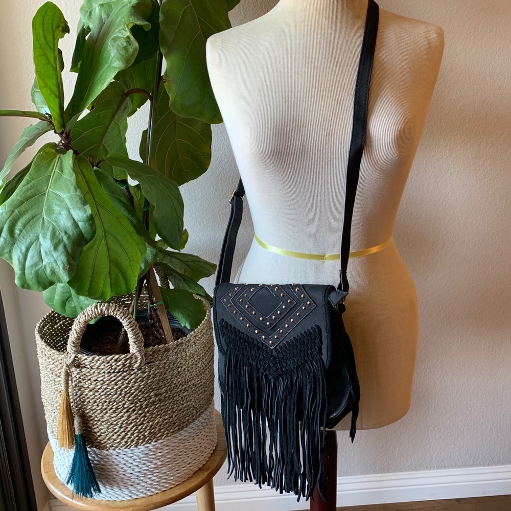 Black Studded Fringe Crossbody Bag